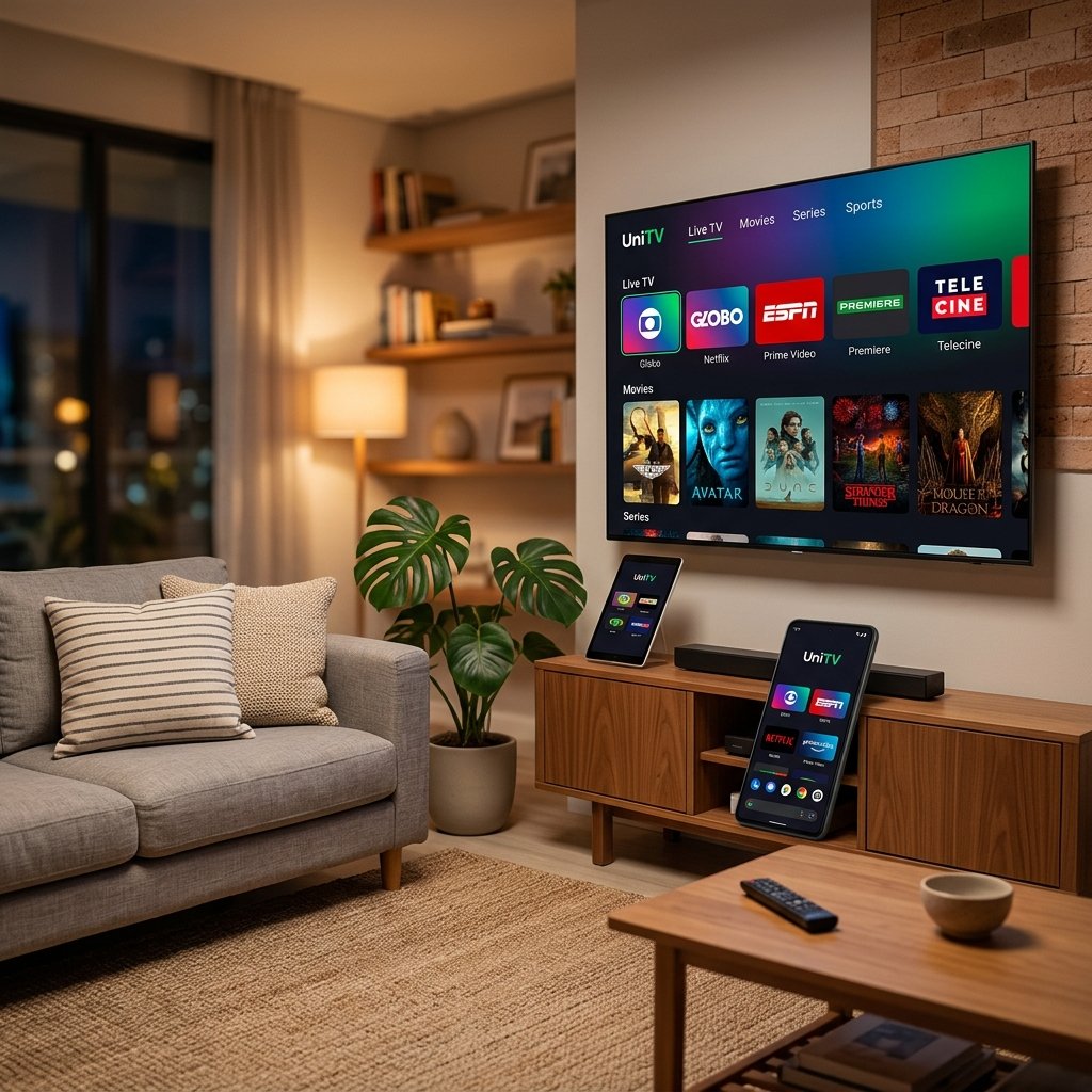 Aplicativo UniTV rodando em Smart TV e Celular Android mostrando canais ao vivo e filmes